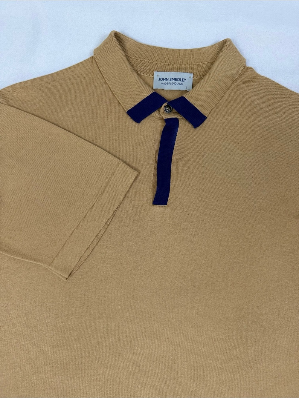 John Smedley Men’s L Sea Island Cotton Polo Shirt Tan Navy Made in England